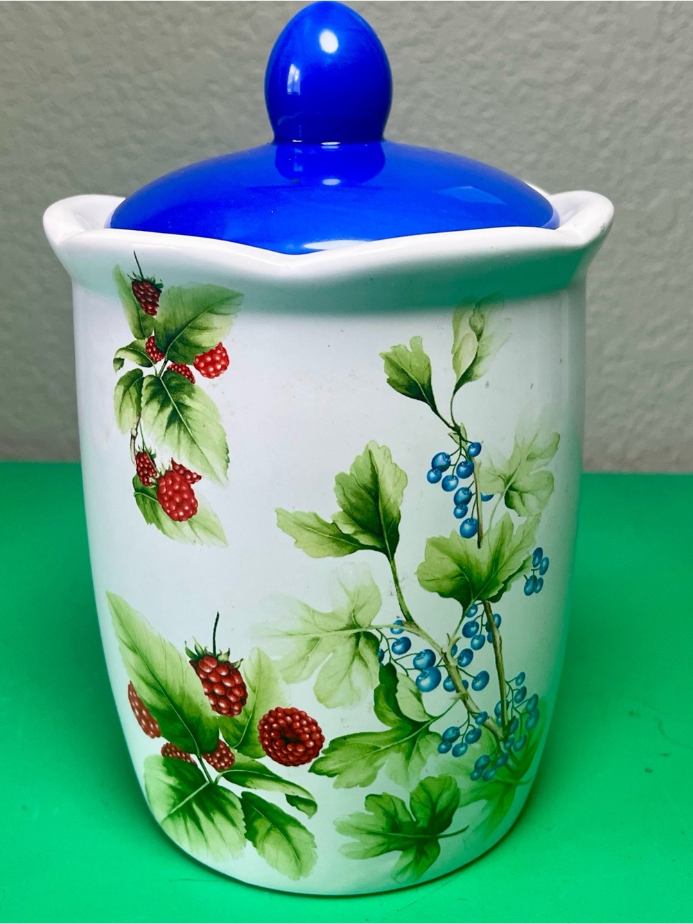 Vintage Ceramic Kitchen Canister flour cookie Jar berries Cobalt Blue/ White